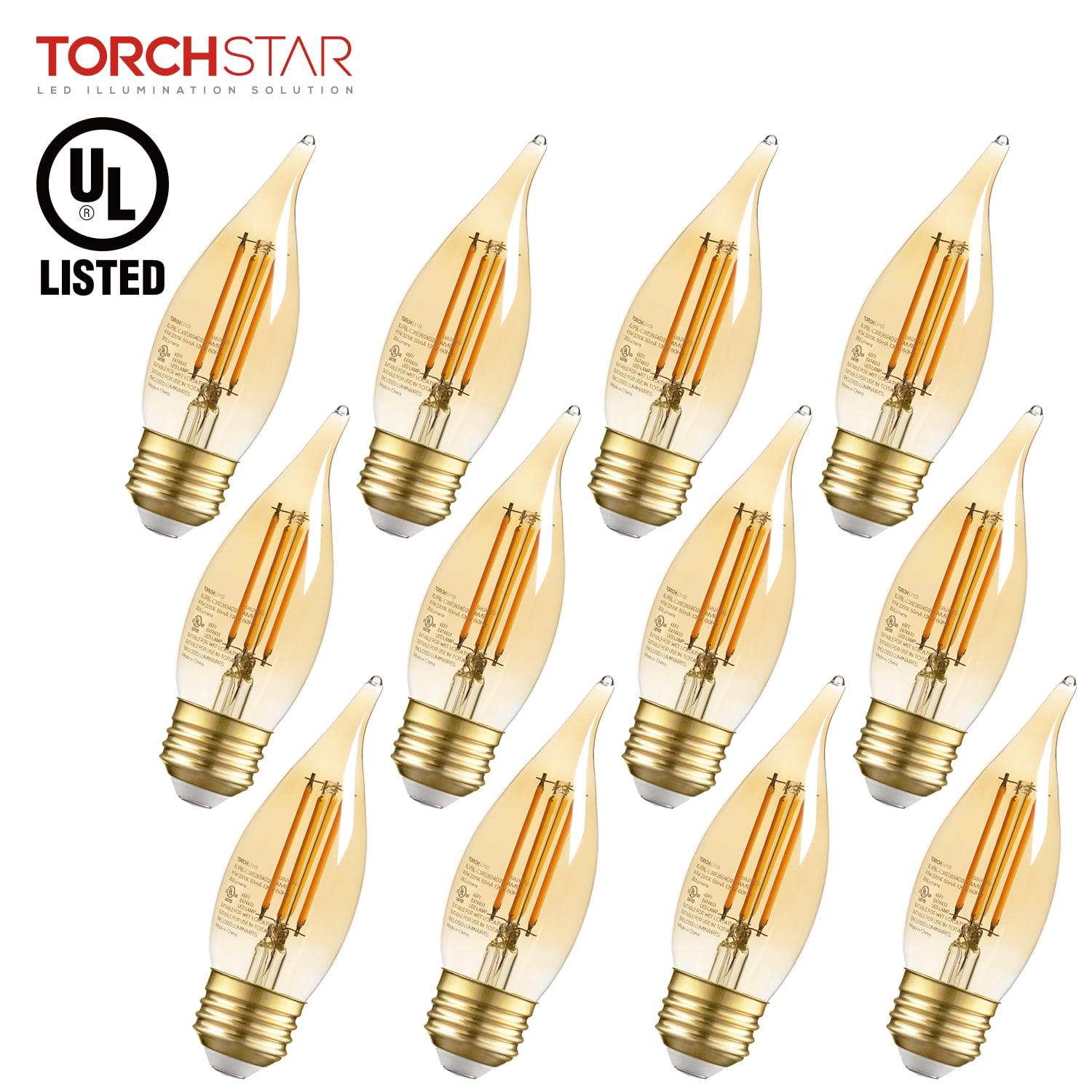 TORCHSTAR 12 Pack Dimmable C35 LED Bulbs, UL Listed Vintage Edison Bulb, LED Chandelier Light Bulbs, 4.5W, E26 Base, 2200K Amber Warm