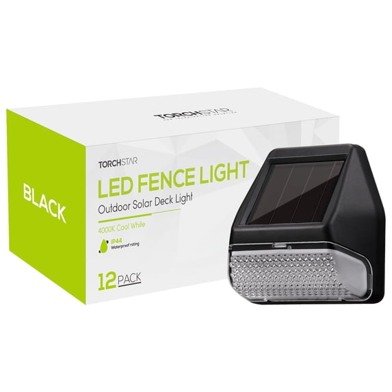 TORCHSTAR 12 Pack Dusk-to-Dawn LED Solar Fence Lights for Pathway, 4000K Cool White, Black