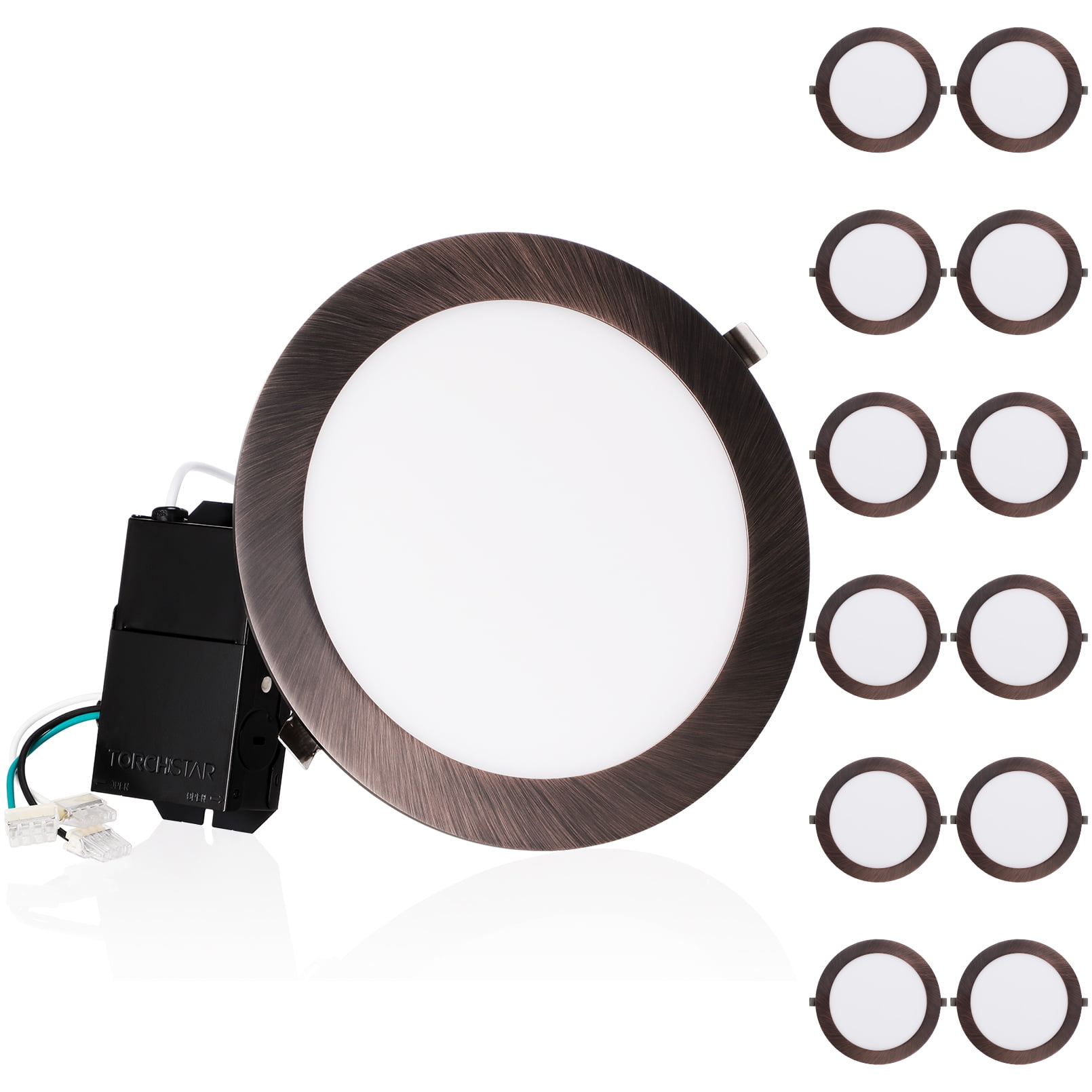 TORCHSTAR 12-Pack E-Lite Series 18W Inch Ultra-Thin LED Recessed Light  with J-Box, Dimmable, 1250lm Slim Panel Downlight, Oil Rubbed Bronze, 4000K  Cool White, ETL  Energy Star Certified