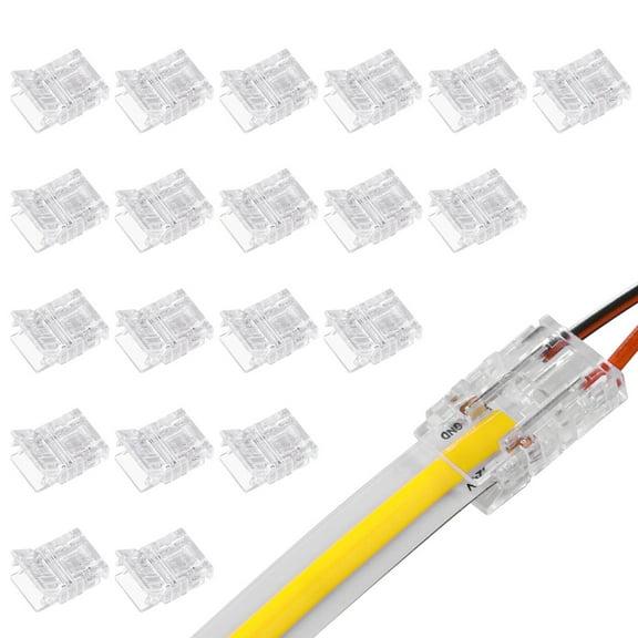 20 Pack 2 Pin 8mm LED Strip Light Connectors UL Listed, Strip to Wire Transparent Gapless Solderless Unwired Clips