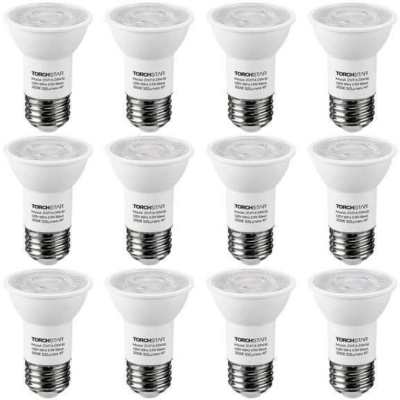 TORCHSTAR 12-Pack LED PAR16 Spot Light Bulbs, 6.5W(50W Eqv.) 500lm E26 Medium Base Dimmable Spotlight, 40° Beam Angle, UL Listed Track Light Bulb, 3000K Warm White
