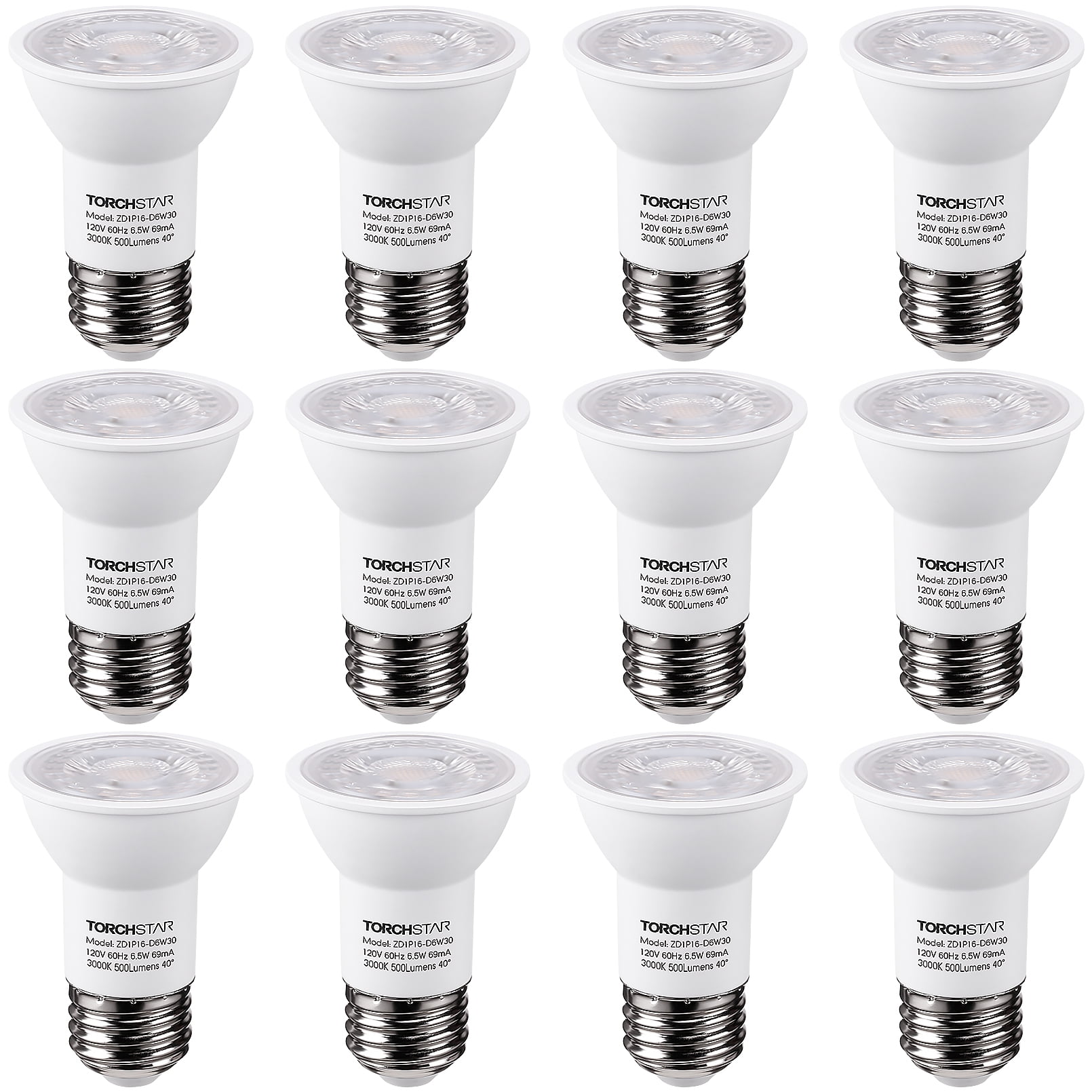 TORCHSTAR 12-Pack LED PAR16 Spot Light Bulbs, 6.5W(50W Eqv.) 500lm E26 Medium Base Dimmable Spotlight, 40° Beam Angle, UL Listed Track Light Bulb, 3000K Warm White