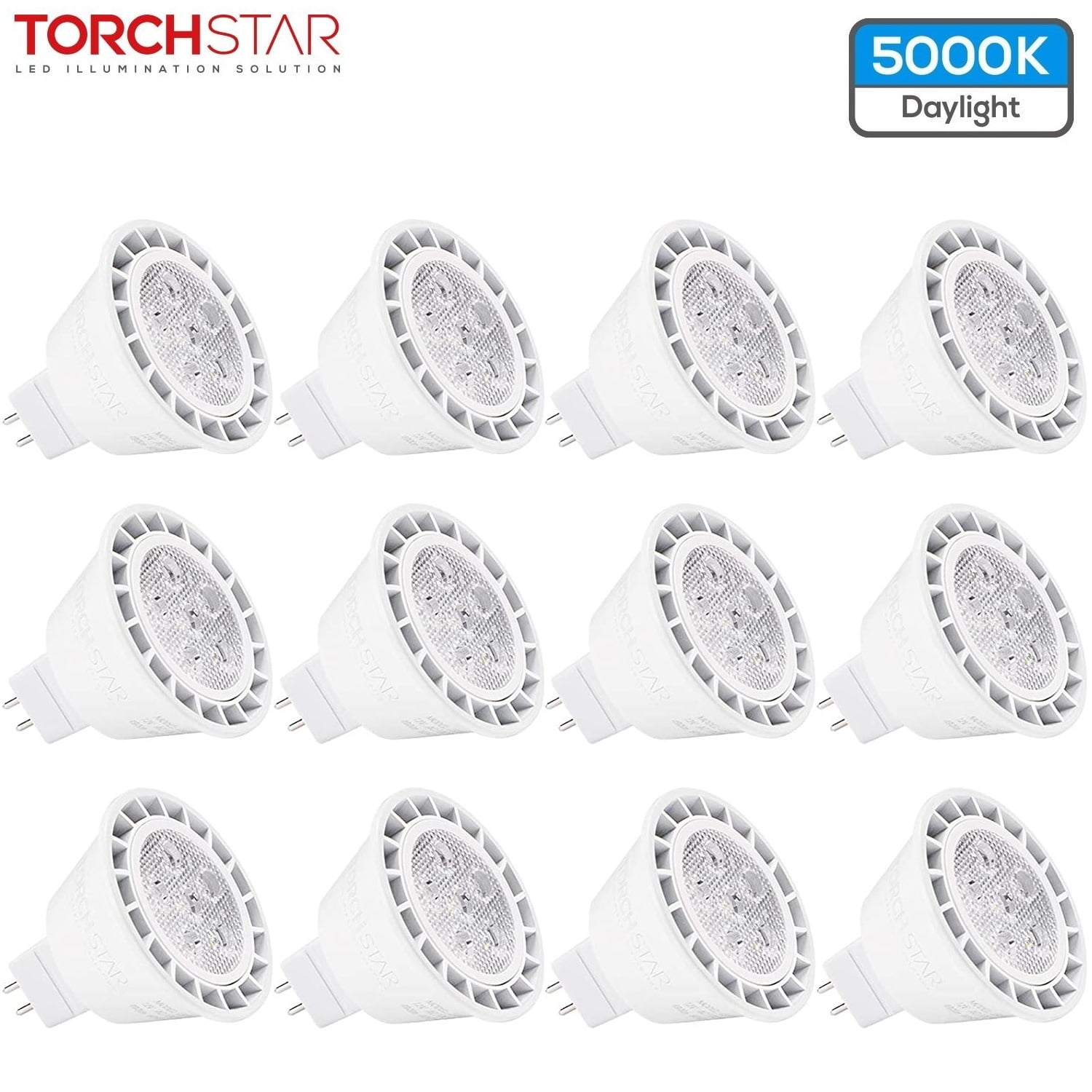 TORCHSTAR 12 Pack MR16 LED Bulb 50W Equivalent, 12V, 5000K Daylight, Dimmable, 490 Lumens, GU5.3 LED Spotlight Bulb 7W, UL & Energy Star Listed, for Recessed Lighting & Track Lighting