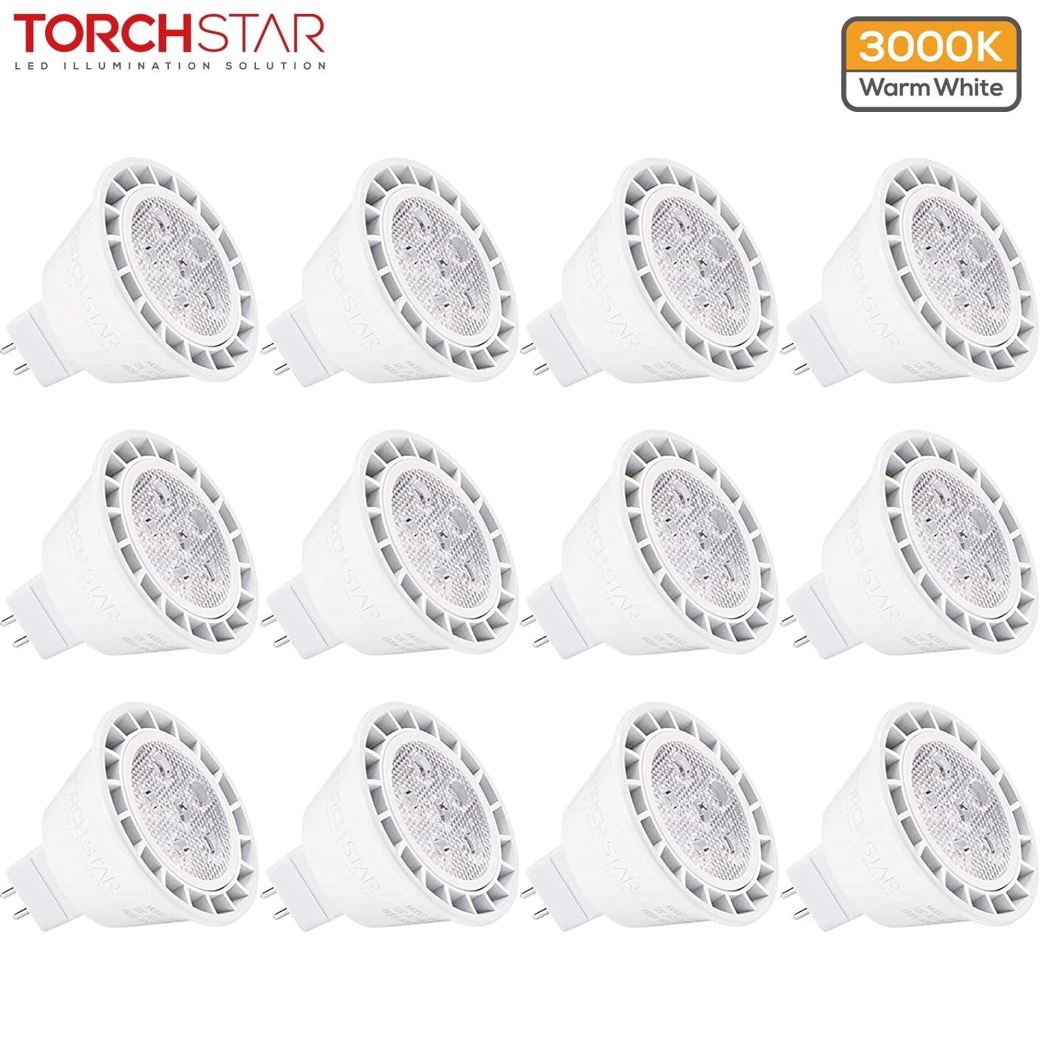 TORCHSTAR 12-Pack MR16 LED Light Bulb, Dimmable Spotlight Bulb 50W Equivalent, GU5.3 Bi-Pin Base, UL Listed, 7W, 490lm, 12V, 3000K Warm White, for Recessed Lighting & Track Light Head