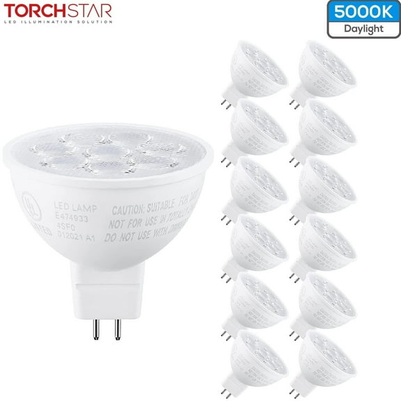 TORCHSTAR 12 Pack MR16 LED Light Bulb, GU5.3 Bi-Pin Base, 50W Halogen Equivalent, 6.5W 12V AC/DC Spotlight Bulb, 550lm, 5000K Daylight, for Recessed Light, Track Lighting, 3-years Warranty