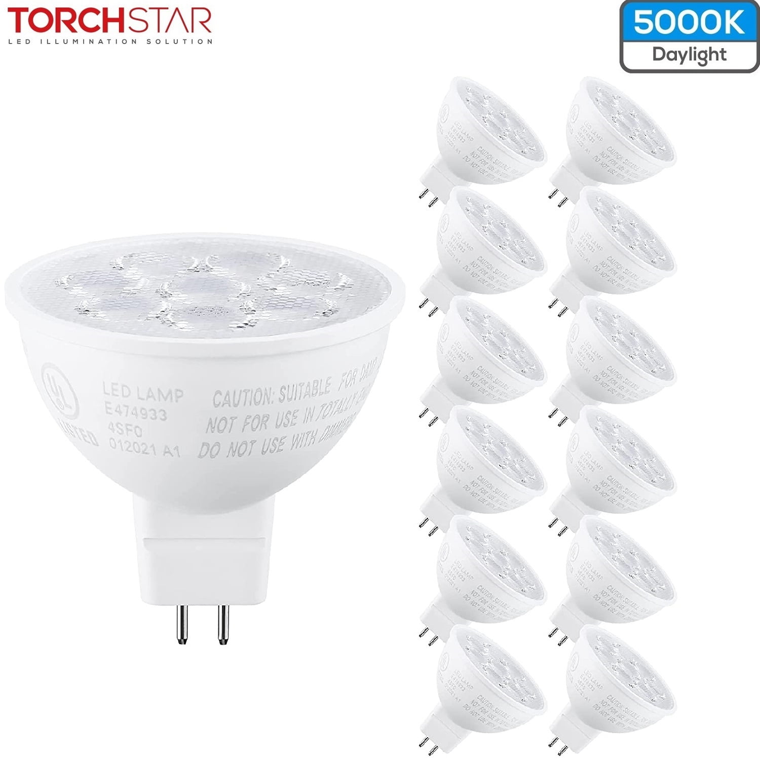 TORCHSTAR 12 Pack MR16 LED Light Bulb, GU5.3 Bi-Pin Base, 50W Halogen Equivalent, 6.5W 12V AC/DC Spotlight Bulb, 550lm, 5000K Daylight, for Recessed Light, Track Lighting, 3-years Warranty