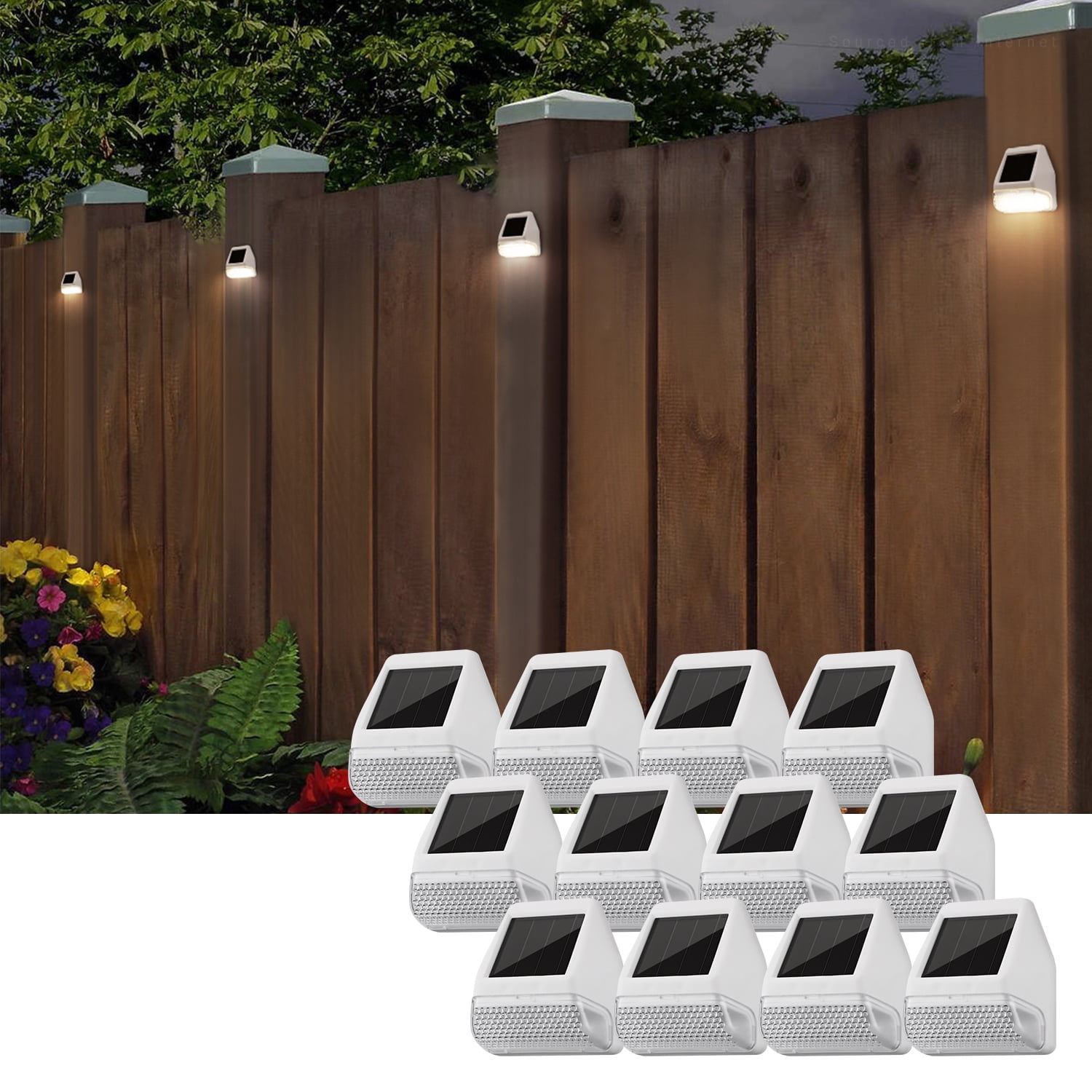 TORCHSTAR 12-Pack Solar-Powered LED Fence Light for Outdoor, Patio, Backyard, White Dusk-to-Dawn Deck Lights, 90° Beam Angle Post Night Lighting, Stairs Decoration, -