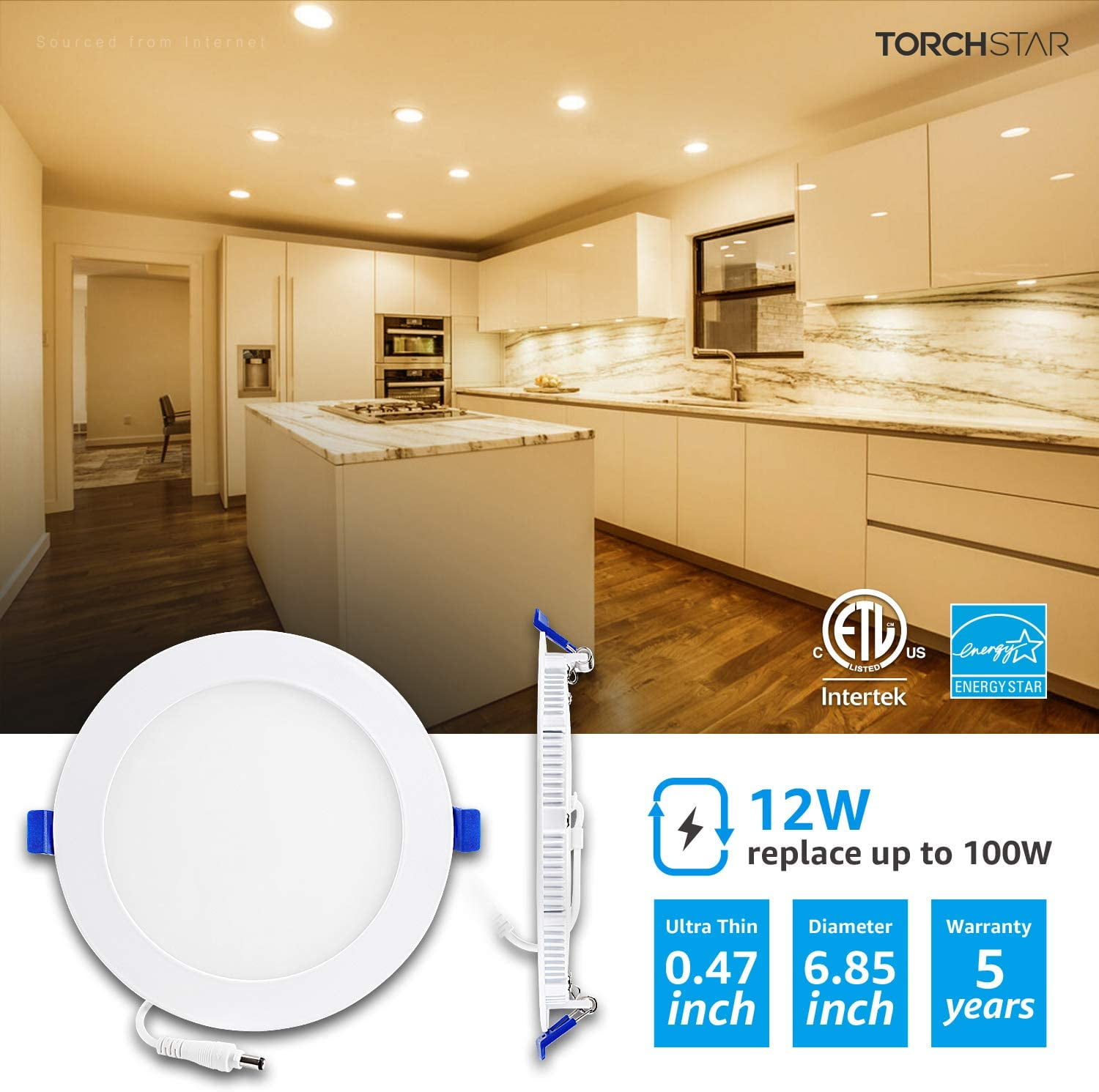 TORCHSTAR Basic Series 12W Inch Low Profile Ultra-Thin Recessed Ceiling Light with Junction Box, 3000K Warm White, Dimmable Can-Killer Dow - 2