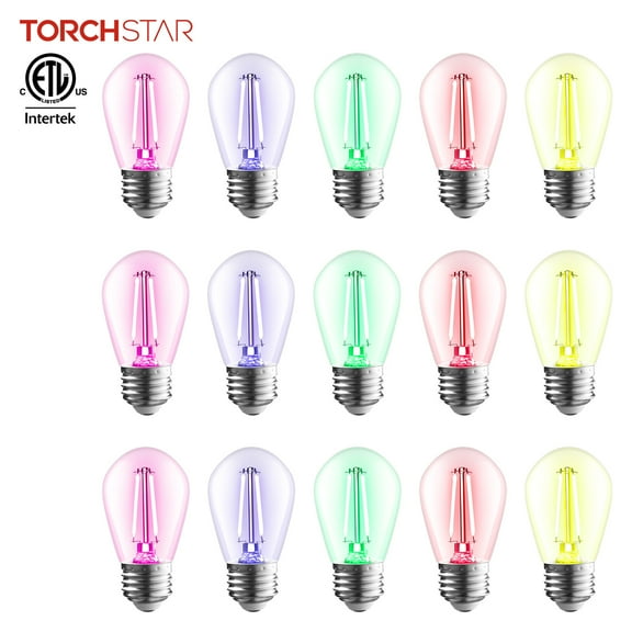 TORCHSTAR 15-Pack S14 Colored Non-Dimmable LED 1.2W Outdoor String Light Filament Bulbs, 110V Plastic Shatterproof Replacement Bulb, IP65 Waterproof, E26 Base, ETL Listed, Red/Green/Blue/Yellow/Pink