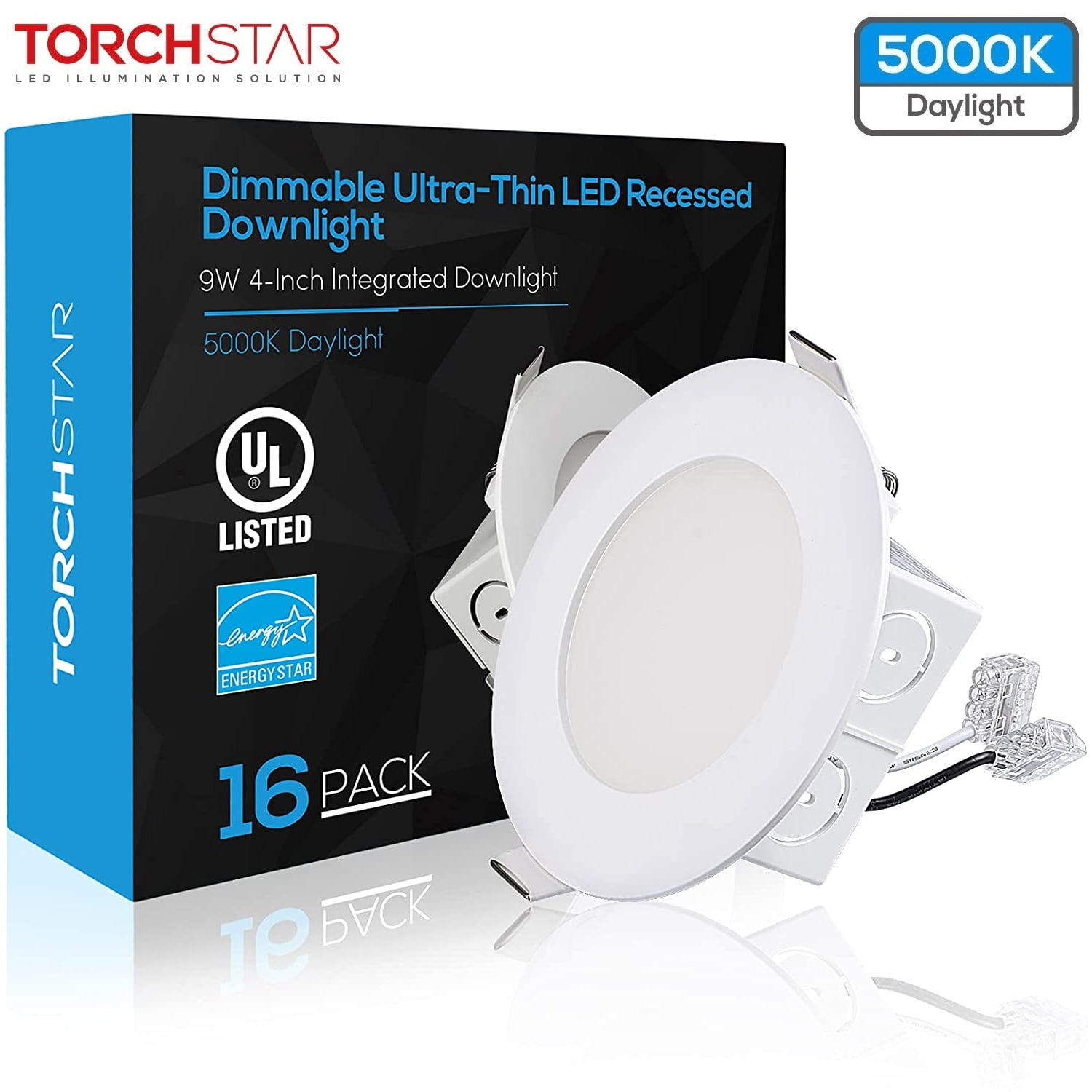 TORCHSTAR 16 Pack Ultra-Thin Inch Recessed LED Downlight with J-Box,  Dimmable Integrated Retrofit, Energy Star  UL certified, 5000K Daylight 