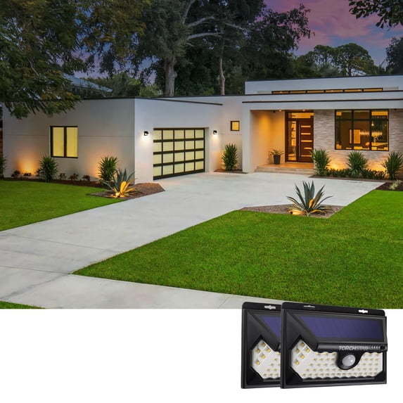 TORCHSTAR 2 Pack Solar Motion Wall Lights, 58 LEDs Dusk to Dawn Cordless Security Lighting, 270° Beam Angle, 3000K Warm White