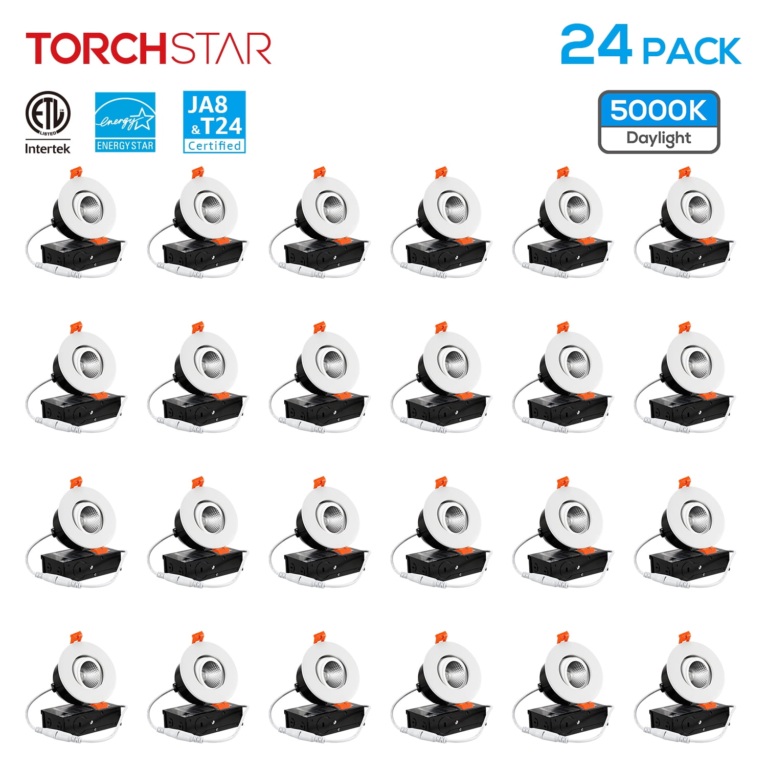 TORCHSTAR 24-Pack Inch Gimbal LED Dimmable Recessed Light with J-Box, 7W (50W  Eqv.) 500lm, Airtight, ETL/Energy Star/JA8/Title 24, CRI 90+, 4000K Cool  White, Years Warranty, White