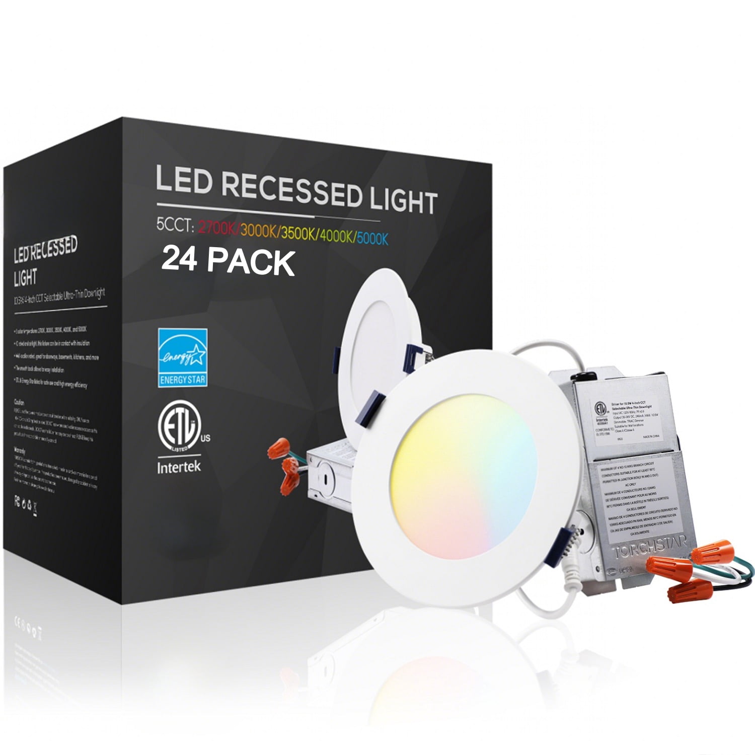 TORCHSTAR 24 Pack 4 Inch LED Recessed Lighting with J-Box, 5CCT Dimmable Ultra-Thin Recessed Downlight, 2700K-5000K Color Temperature Selectable