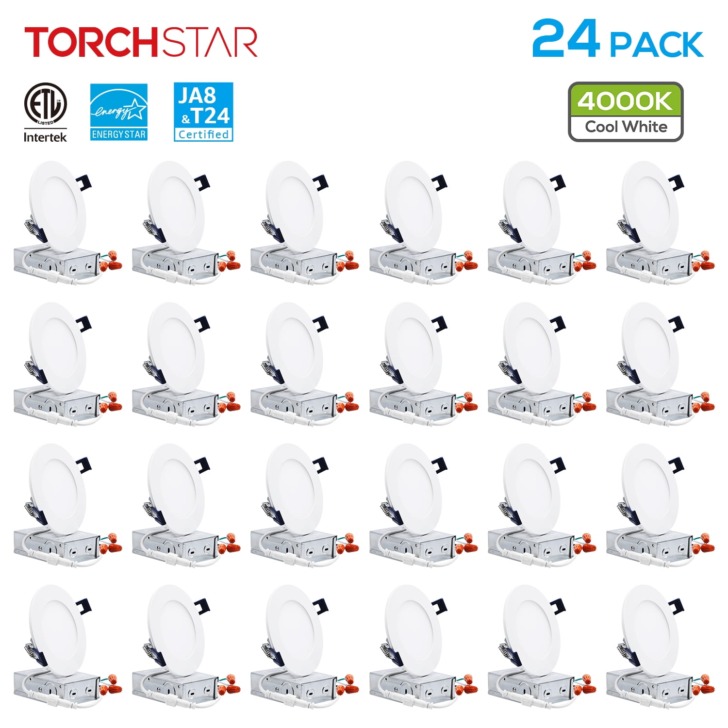 TORCHSTAR 24-Pack Inch Slim LED Recessed Downlight with J-box, 10.5W  Dimmable Ultra-Thin Canless Light, ETL  Energy Star Listed, 800lm, 4000K  Cool White, 5-Year Warranty, White