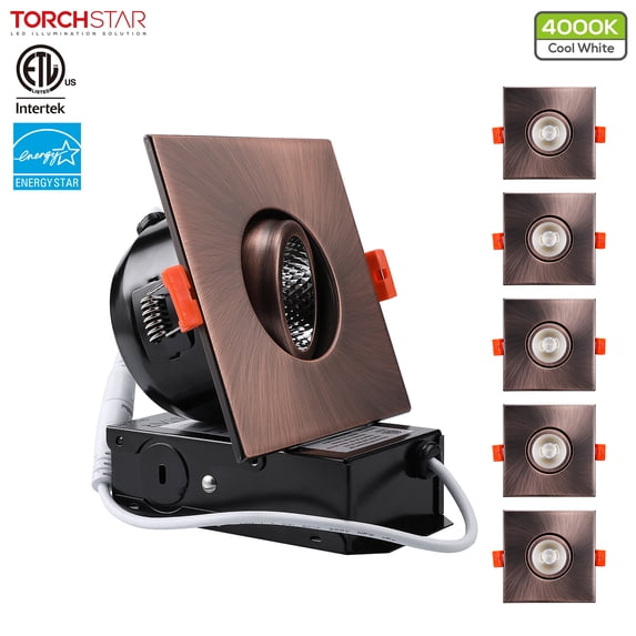 TORCHSTAR 3 Inch Square Gimbal LED Recessed Light with J-Box for Living Room, Bedroom, LED Downlight Dimmable, 7W (50W Eqv.), 4000K Cool White, ETL/Energy Star/JA8/T24, Oil Rubbed Bronze, Pack of 6