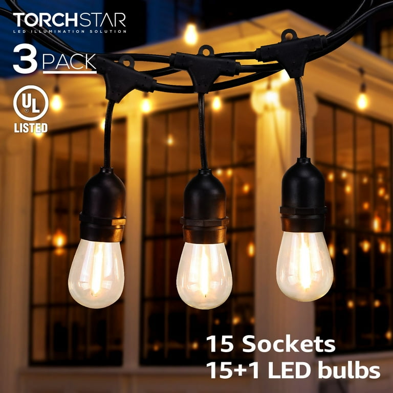 TORCHSTAR 50ft LED Outdoor String Lights, Weatherproof Patio String Light for Party, Restaurant, Garden, Patio Lights, 15 Sockets, 16 Bulbs Included TORCHSTAR 50ft LED Outdoor String Lights, Weatherproof Patio String Light for Party, Restaurant, Garden, Patio Lights, 15 Sockets, 16 Bulbs Included