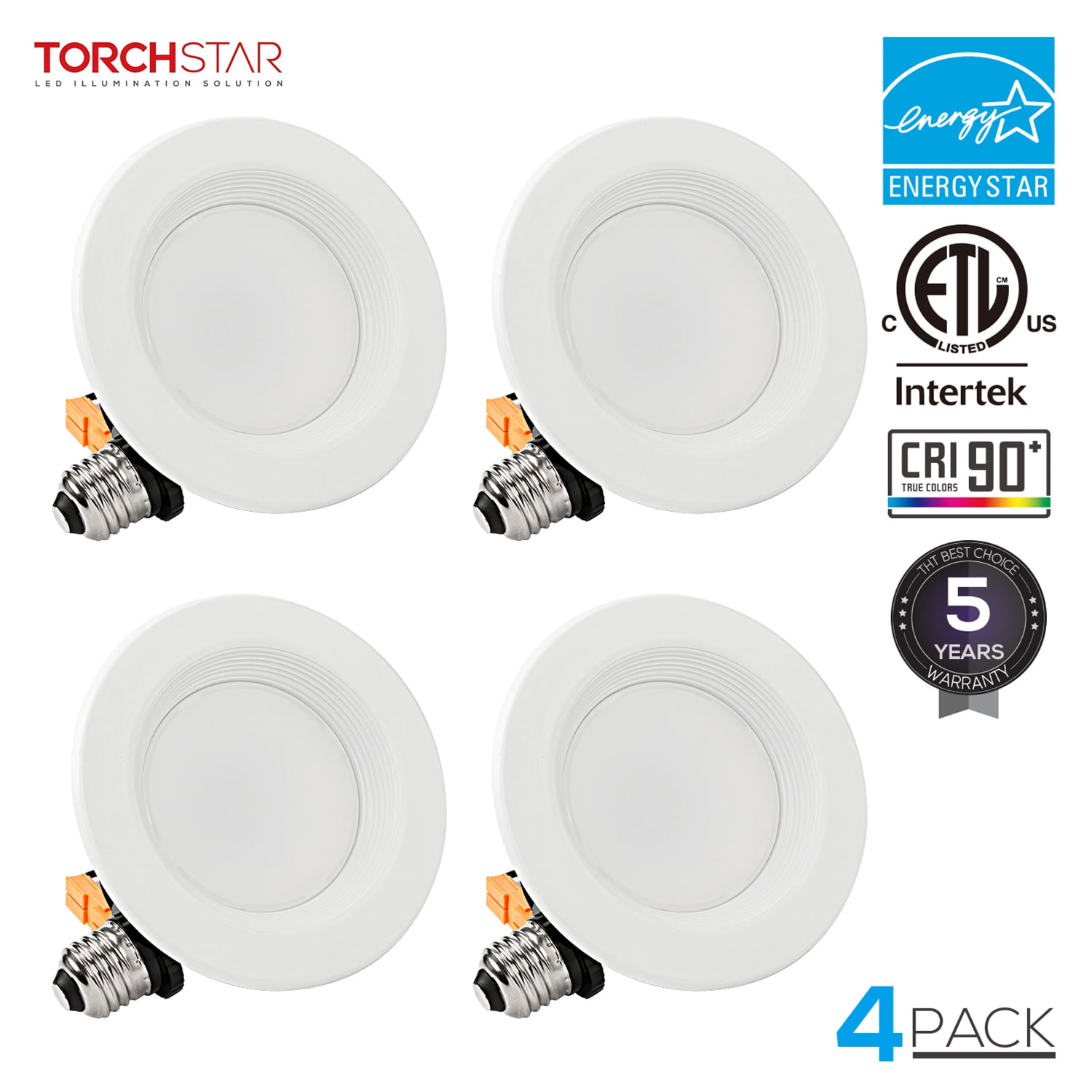 TORCHSTAR 4 Inch Dimmable LED Recessed lights with Baffle Trim, 5000K