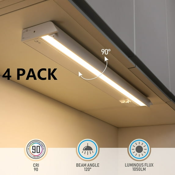 TORCHSTAR 4 Pack 22" 3CCT LED Under Cabinet Light, Hardwired& Plug-in, Swivel& Dimmable& Linkable, 3000K/4000K/5000K Selectable