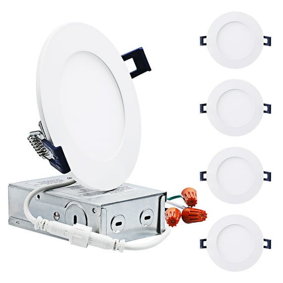 TORCHSTAR 4-Pack 4 Inch Slim LED Recessed Downlights with J-box, 10.5W Dimmable Ultra-Thin Canless Light, ETL & Energy Star Listed, 800lm, 4000K Cool White, 3-year warranty, White