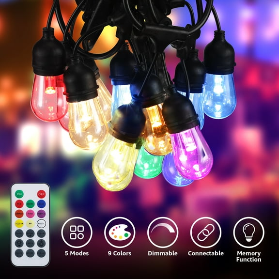TORCHSTAR 50ft 15 Sockets Outdoor Commercial LED RGB String Light, 15 S14 Bulbs + 2 Spare Bulbs Included, Hanging Patio String Lights with Remote for Garden, Party, Bar
