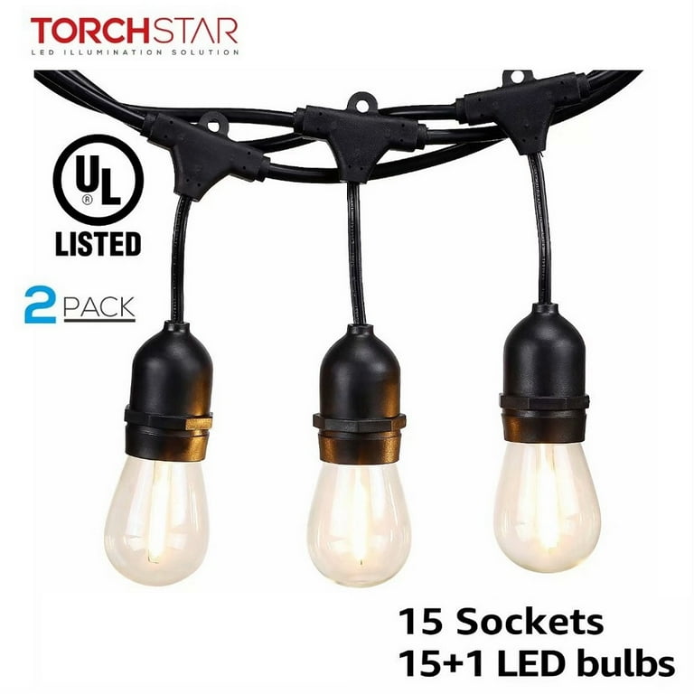 TORCHSTAR 50ft LED Outdoor String Lights, Weatherproof Patio String Light for Party, Restaurant, Garden, Patio Lights, 15 Sockets, 16 Bulbs Included TORCHSTAR 50ft LED Outdoor String Lights, Weatherproof Patio String Light for Party, Restaurant, Garden, Patio Lights, 15 Sockets, 16 Bulbs Included