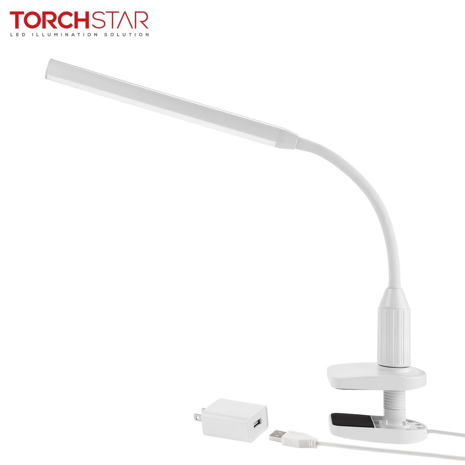 TORCHSTAR 5W Dimmable Flexible Study Clamp Desk Lamp, 26 LEDs Eye-Care Touch Sensitive Light with Memory Function, 4000K Cool White, USB Powered, ETL-Listed Power Adapter, 30,000hrs Lifespan，White