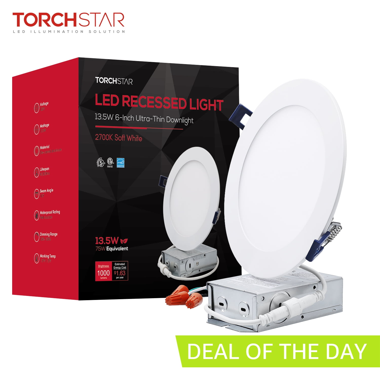 TORCHSTAR 6 Inch Slim LED Recessed Downlight with J-box, 13.5W Dimmable Ultra-Thin Canless Light, ETL & Energy Star Listed, 1000lm, 2700K Soft White, 5-Year Warranty, White