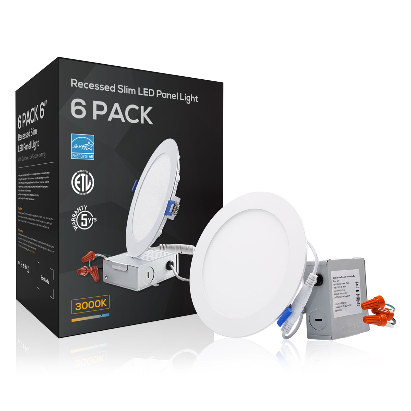 TORCHSTAR 6 Pack 6 Inch Ultra-Thin LED Recessed Light with J-Box, Dimmable, 3000K Warm White