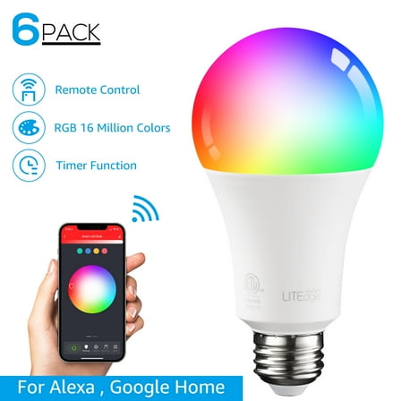 TORCHSTAR 6 Pack A21 Smart LED Light Bulbs, WiFi & Bluetooth, 75W Equiv, E26 Base, Works with Alexa Echo Google Home Assistant Siri for Indoors, 2000K-5000K RGBCW Full Color Changing Smart Bulb