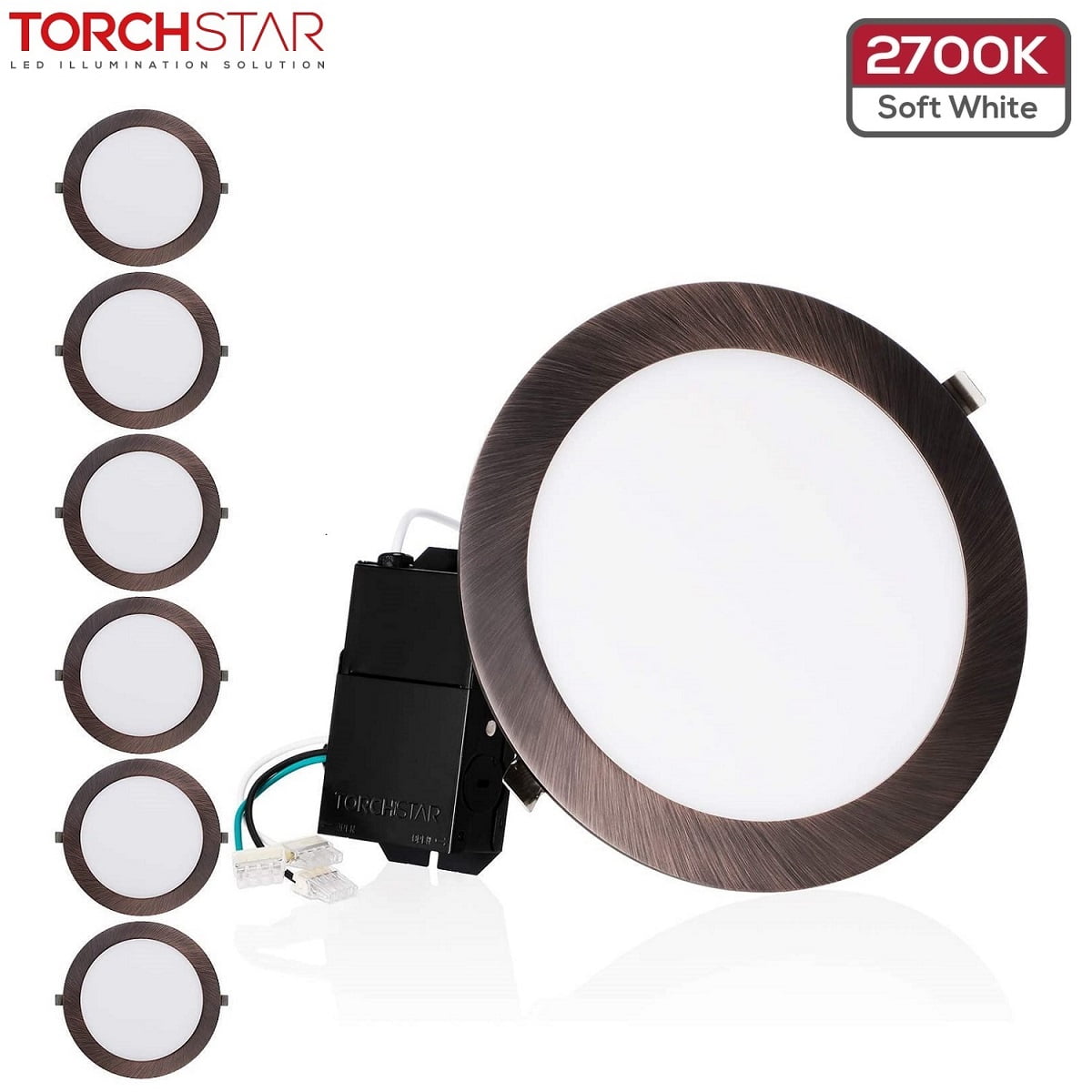 TORCHSTAR 8 Inch Ultra-Thin Dimmable LED Recessed Light with J-Box for Apartment, Kitchen, 18W(Eqv.), Oil Rubbed Bronze, 2700K Soft White, Pack of 6