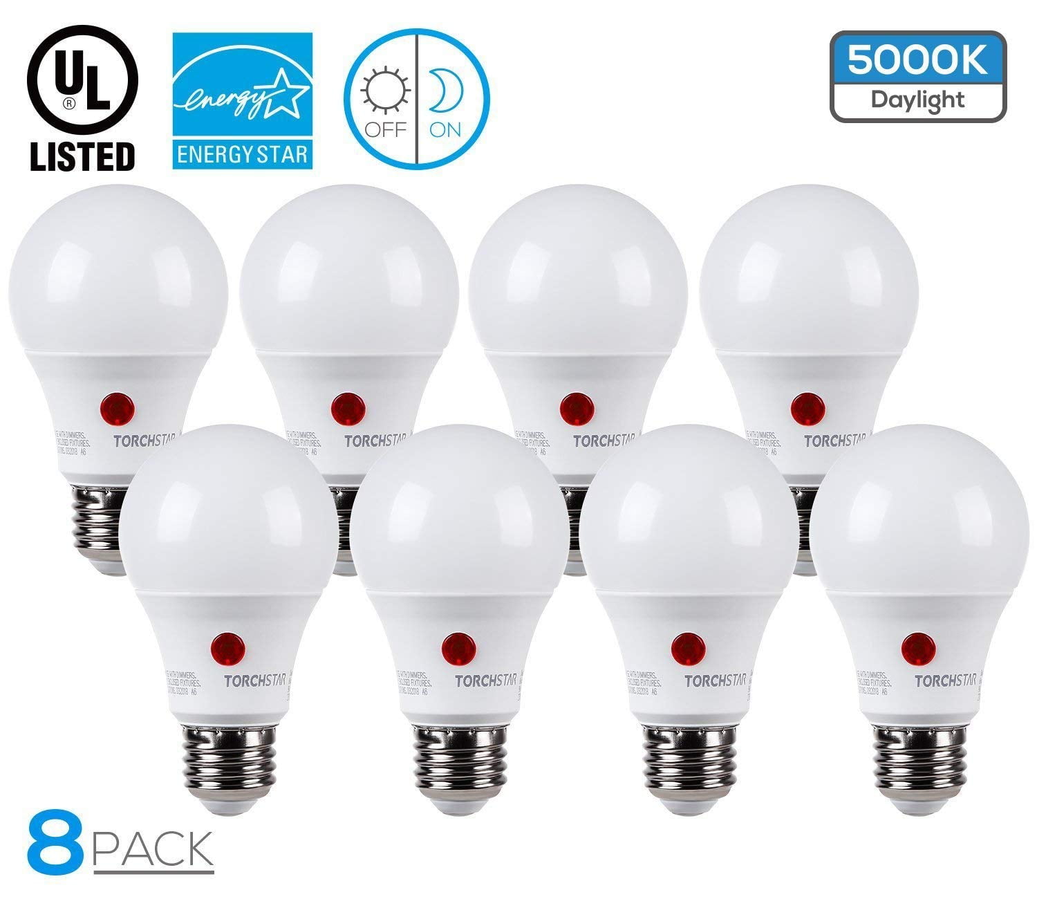 TORCHSTAR 8 Pack Dusk to Dawn A19 LED Light Bulbs for Porches 60W