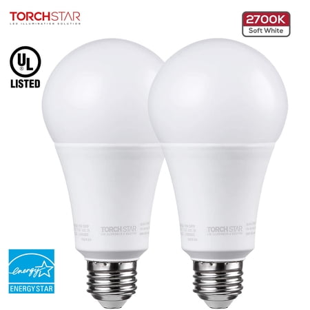 TORCHSTAR A21 Dimmable LED Light Bulb, 17W(100W Eqv), 2700K Soft White, 1600lm, E26 Medium Base, Damp location, Pack of 2