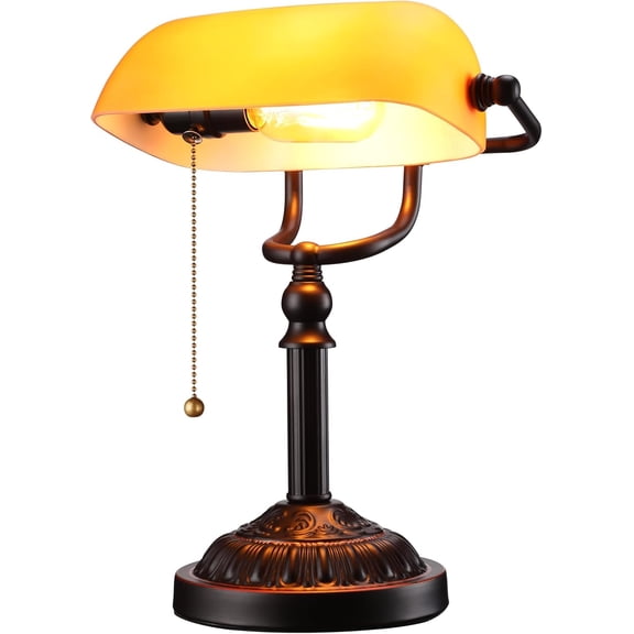 TORCHSTAR Bankers Desk Lamp with Pull Chain Switch, Amber Glass Shade Lamps, Bronze Base, E26 Vintage Library for Office, Study Room(Matted Orange)