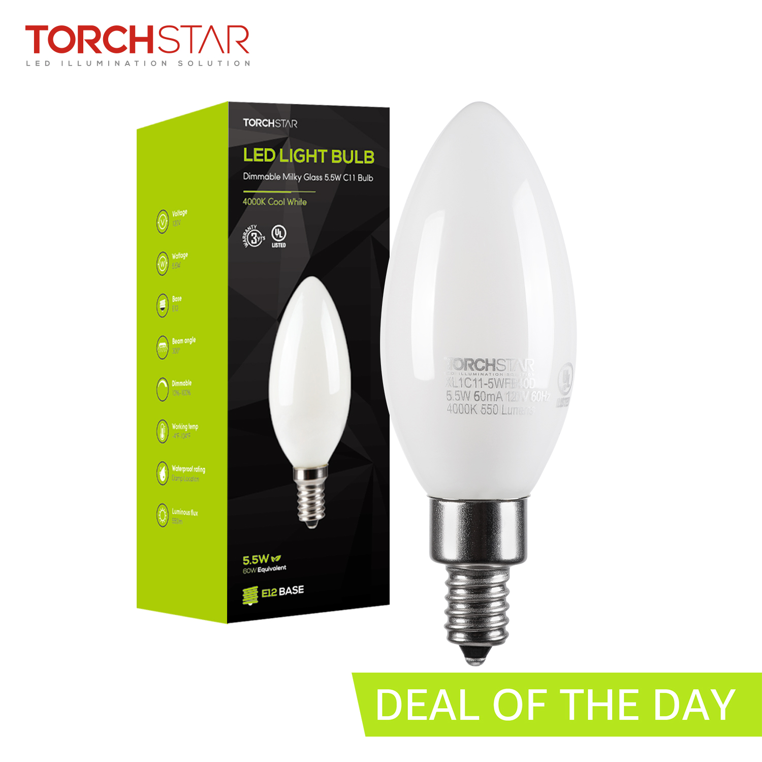 TORCHSTAR Dimmable E12 LED Candelabra Bulb, UL Listed, 60W Equivalent Chandelier Light Bulbs, 550LM, LED Filament Candle Bulb C11, Frosted Glass Ceiling Fan Light Bulbs, 4000K Cool White