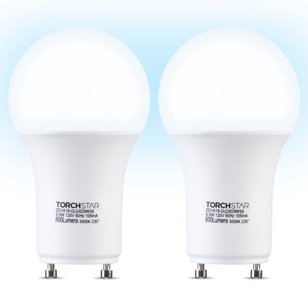 TORCHSTAR Dimmable GU24 Base Light Bulb, Daylight 5000K LED Bulb 9.5Watt, 60W Equivalent A19 Shape for Ceiling Fans, Twist Lock GU24 Base Bulb for CFL Replacement, Pack of 2