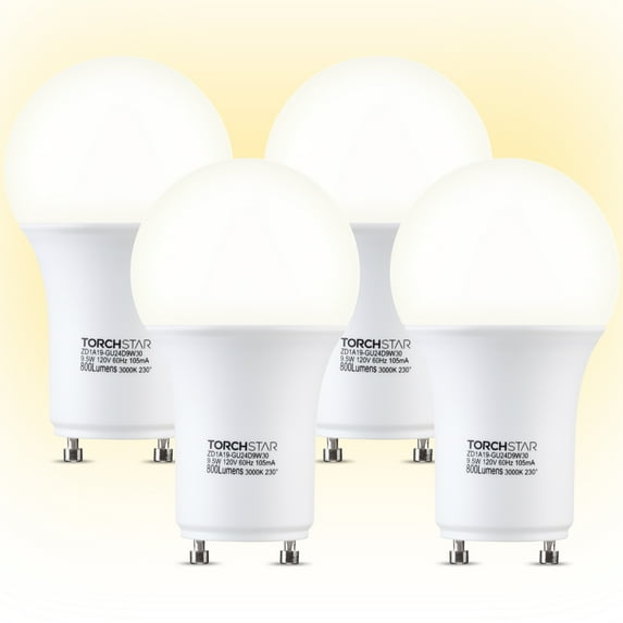 TORCHSTAR Dimmable GU24 LED Light Bulb, 60W Equivalent 2 Prong Light Bulbs, 3000K WarmWhite, 9.5W, 800 Lumens, UL & ES Listed, A19 Shape Bulbs, GU24 Twist Lock Base, Pack of 4
