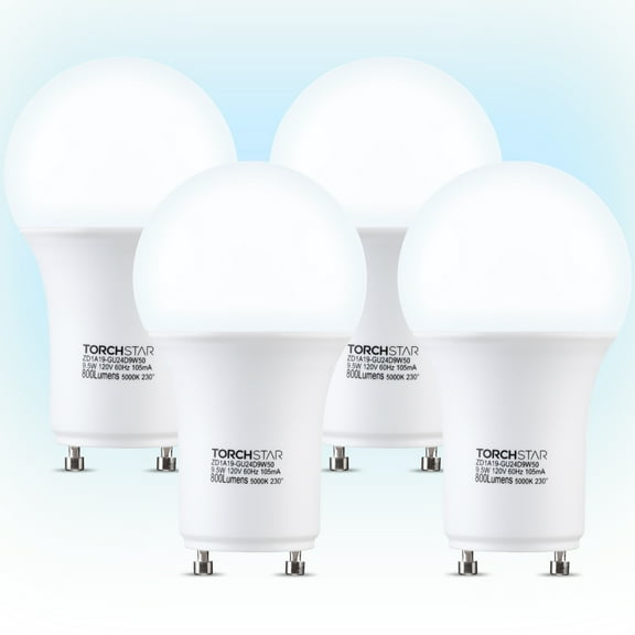 TORCHSTAR Dimmable GU24 LED Light Bulb, 60W Equivalent 2 Prong Light Bulbs, 5000K Daylight, 9.5W, 800 Lumens, UL & ES Listed, A19 Shape Bulbs, GU24 Twist Lock Base, Pack of 4