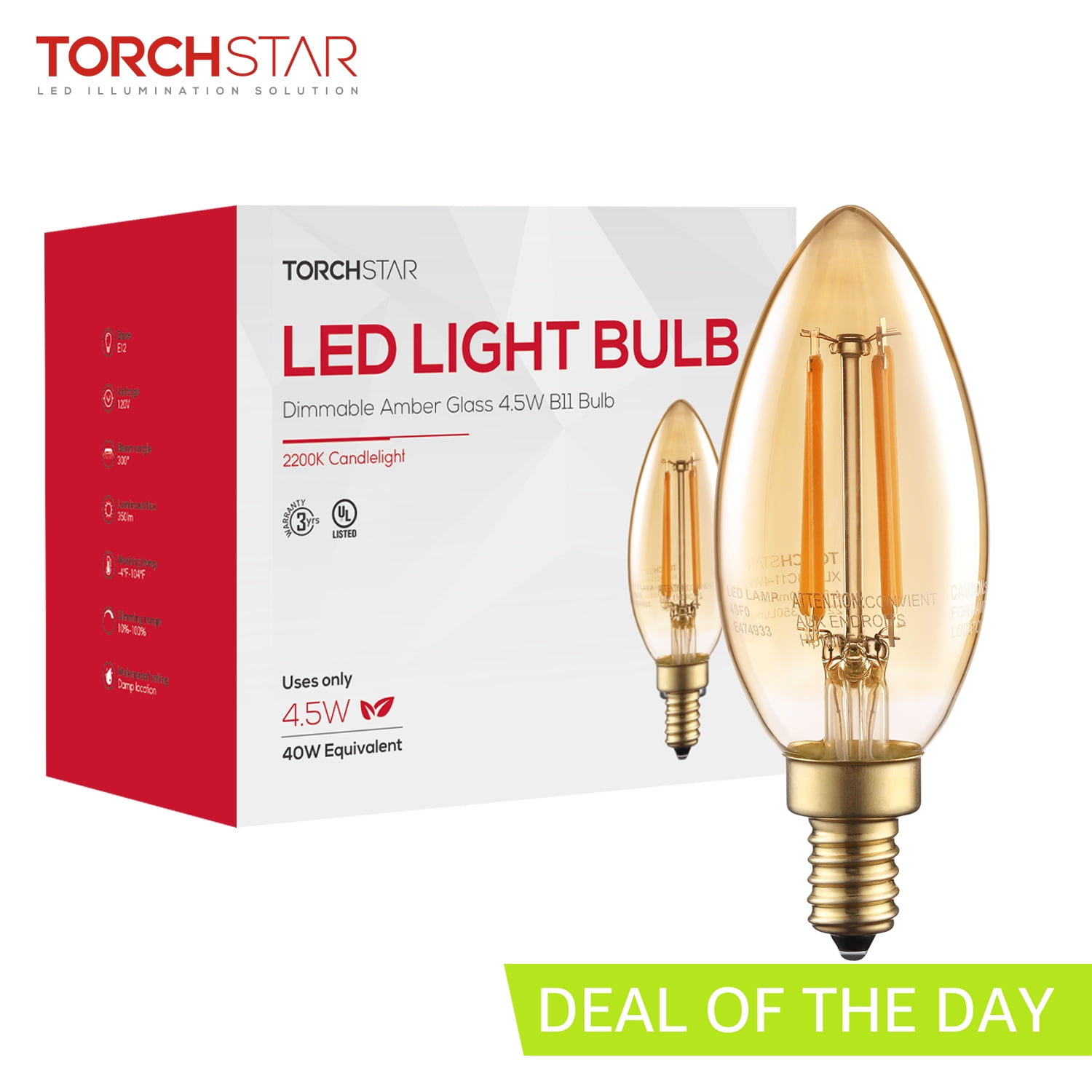 TORCHSTAR Dimmable LED Candelabra Light Bulbs, 40W Equivalent 