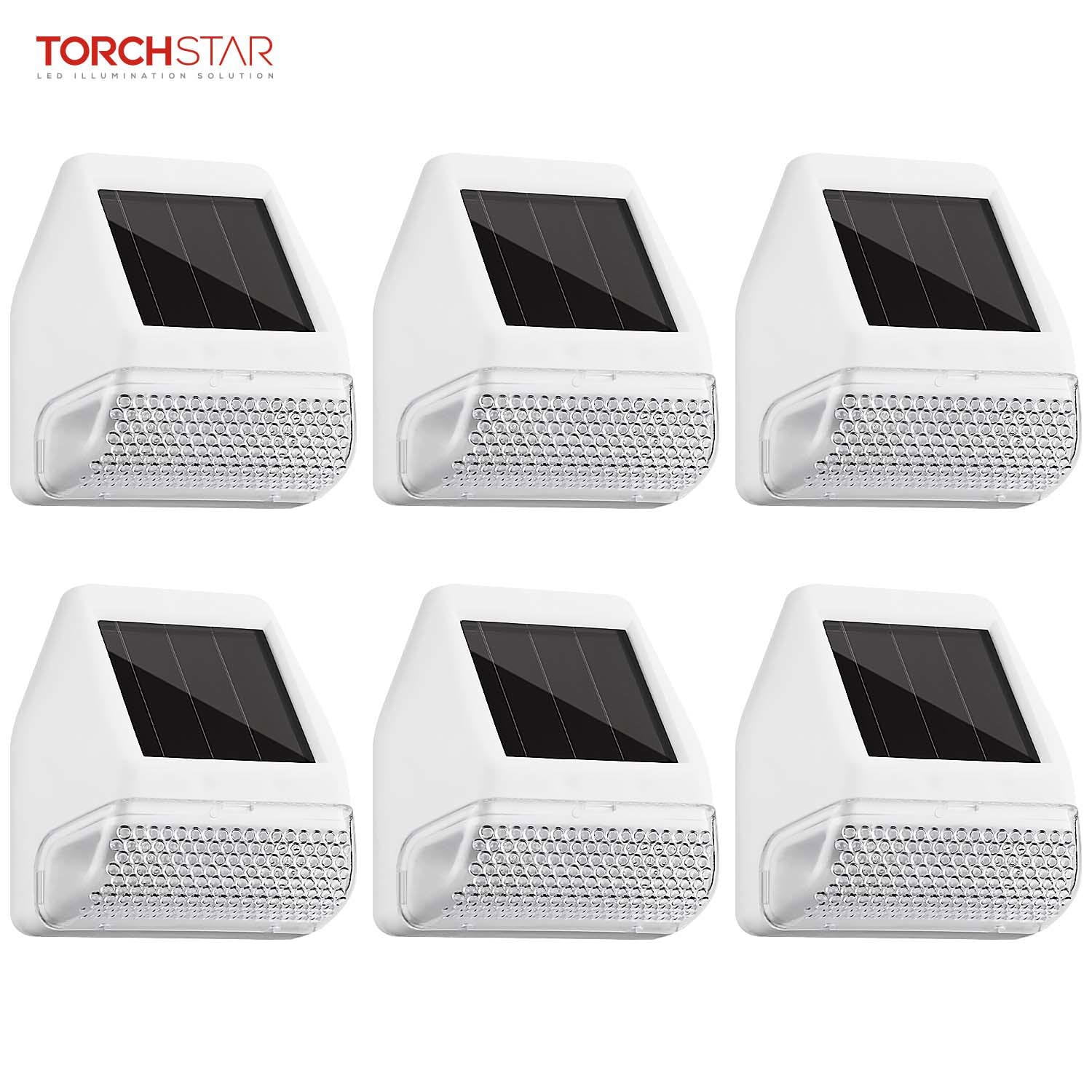 TORCHSTAR Dusk-to-Dawn LED Solar Fence Lights for Patio, Backyard, Stairs, 4000K Cool White, White, Pack of 6