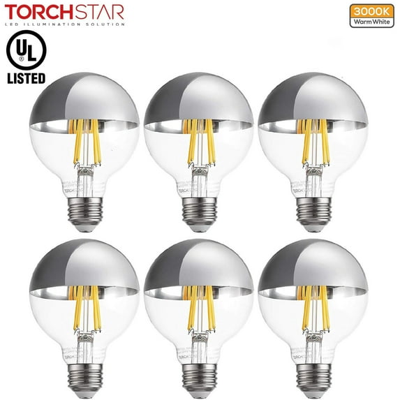 TORCHSTAR G25 Half Chrome Vanity Light Bulb, Dimmable LED Decorative Globe Light Bulbs, E26 Base, 7W(75W Eqv.), UL Listed, 3000K Warm White, Pack of 6