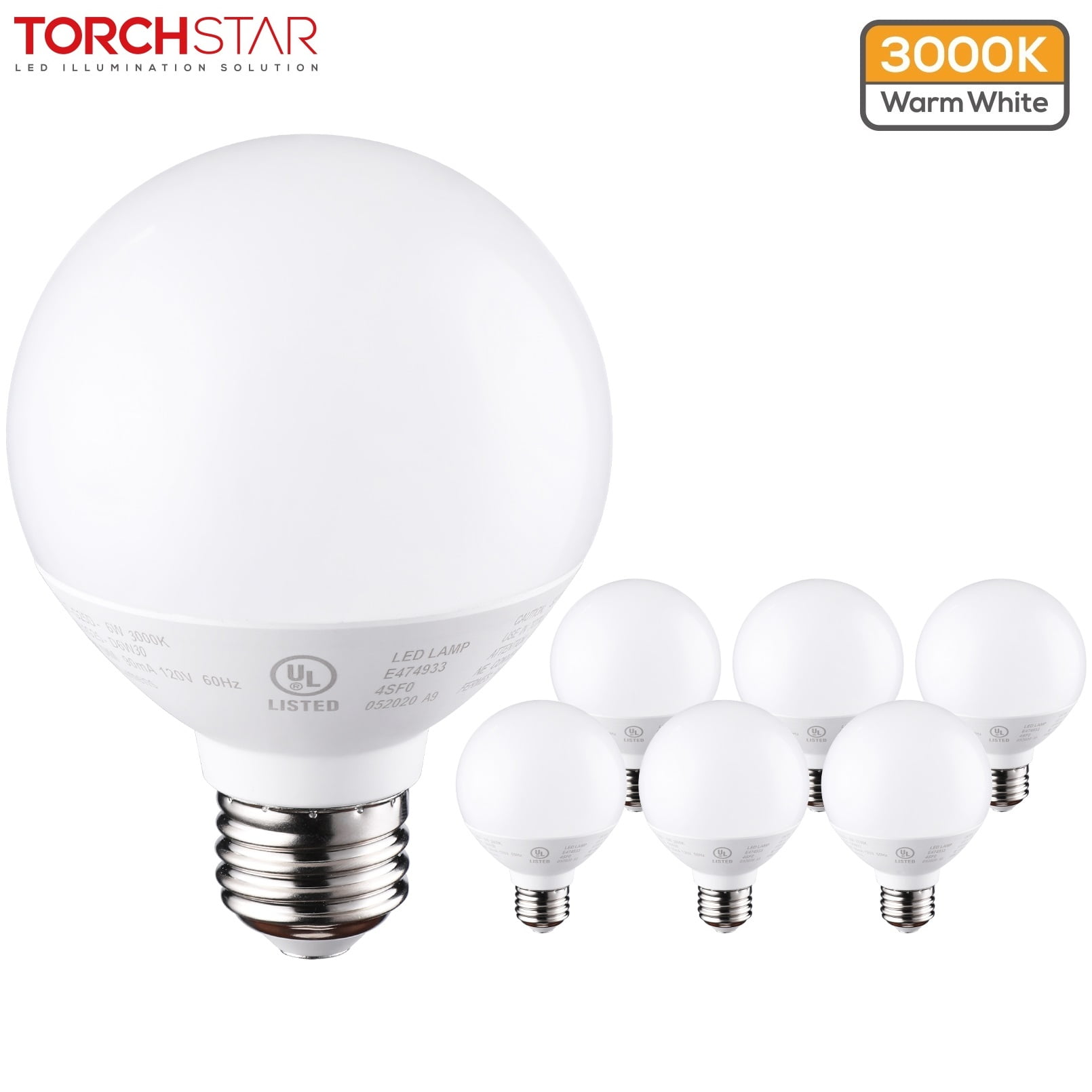 TORCHSTAR G25 LED Vanity Globe Light Bulbs, 40W Equivalent, Dimmable, 450LM, E26 Base, UL & Energy Star 2700K Soft Pack of 6 - Walmart.com