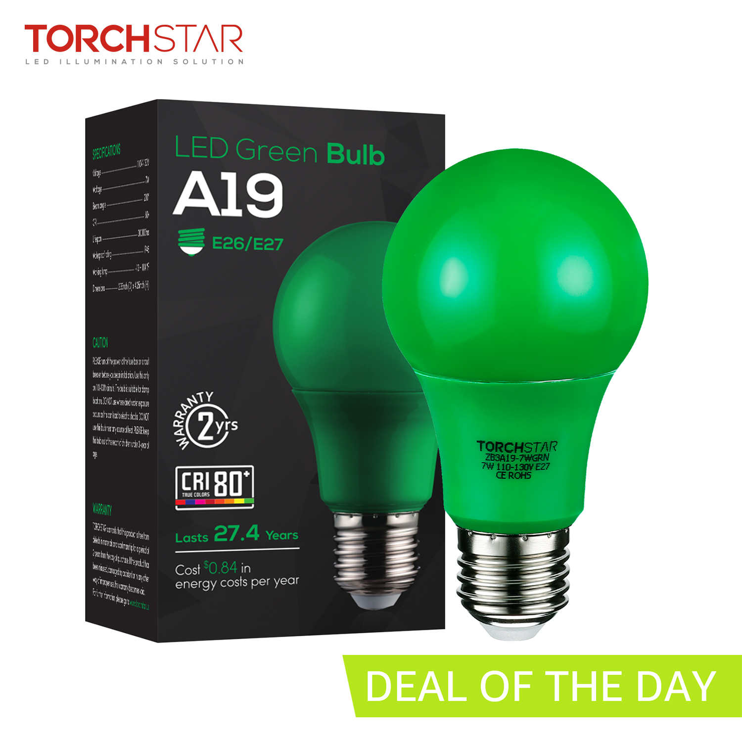 TORCHSTAR Green 7W LED A19 Colored Light Bulb, Medium E27 Base, for Independence Day, Veterans