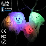 TORCHSTAR Halloween Skull Lights, 10 LEDs White Gauze String Lights for Indoor/Outdoor Home, Holiday Party Decor, Battery Operated (Colorful)