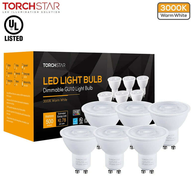 TORCHSTAR MR16 LED Bulb, 6.5W=50W, GU10 Base, Dimmable, UL & Energy Star  Listed, 3000K Warm White, Pack of 6 