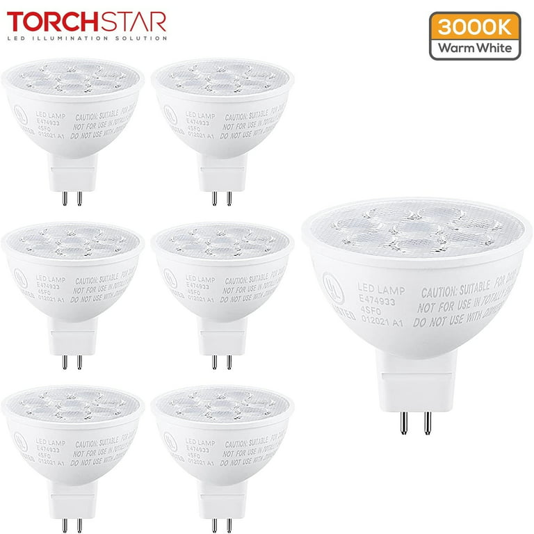TORCHSTAR MR16 LED Light Bulb, GU5.3 Bi-Pin Base, 50W Halogen Equivalent,  6.5W 12V AC/DC Spotlight Bulb, 550lm, 3000 Warm White, for Recessed Light,  Track Lighting, 3-year Warranty, Pack of 6 