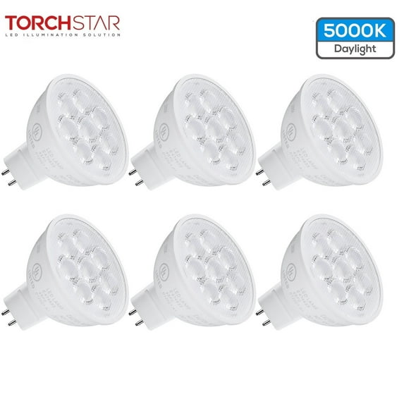 TORCHSTAR MR16 LED Light Bulb for Recessed Light, Track Lighting, 50W Halogen Equivalent, GU5.3 Bi-Pin Base, 5000K Daylight, UL listed & 3-years Warranty, Pack of 6