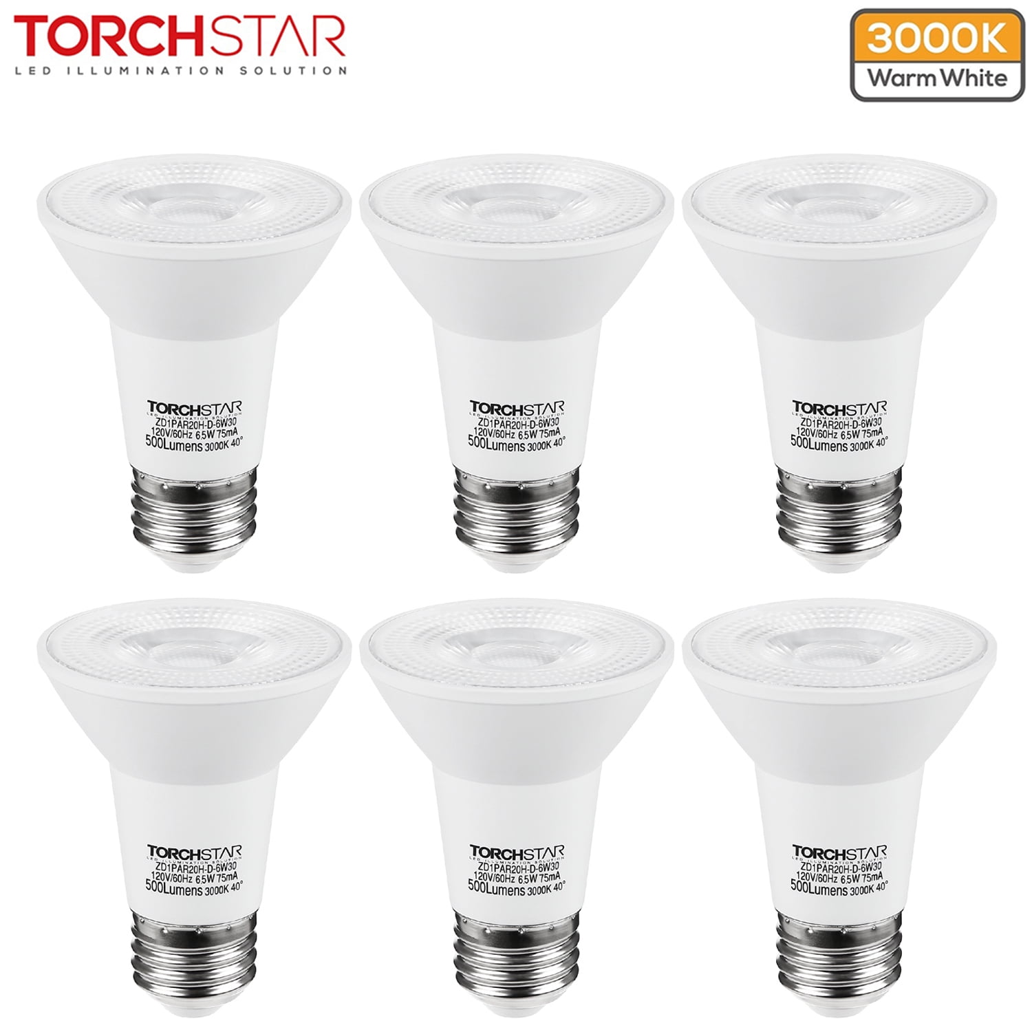 Dimmable Warm White PAR20 LED Spotlight Bulbs, Pack of 6