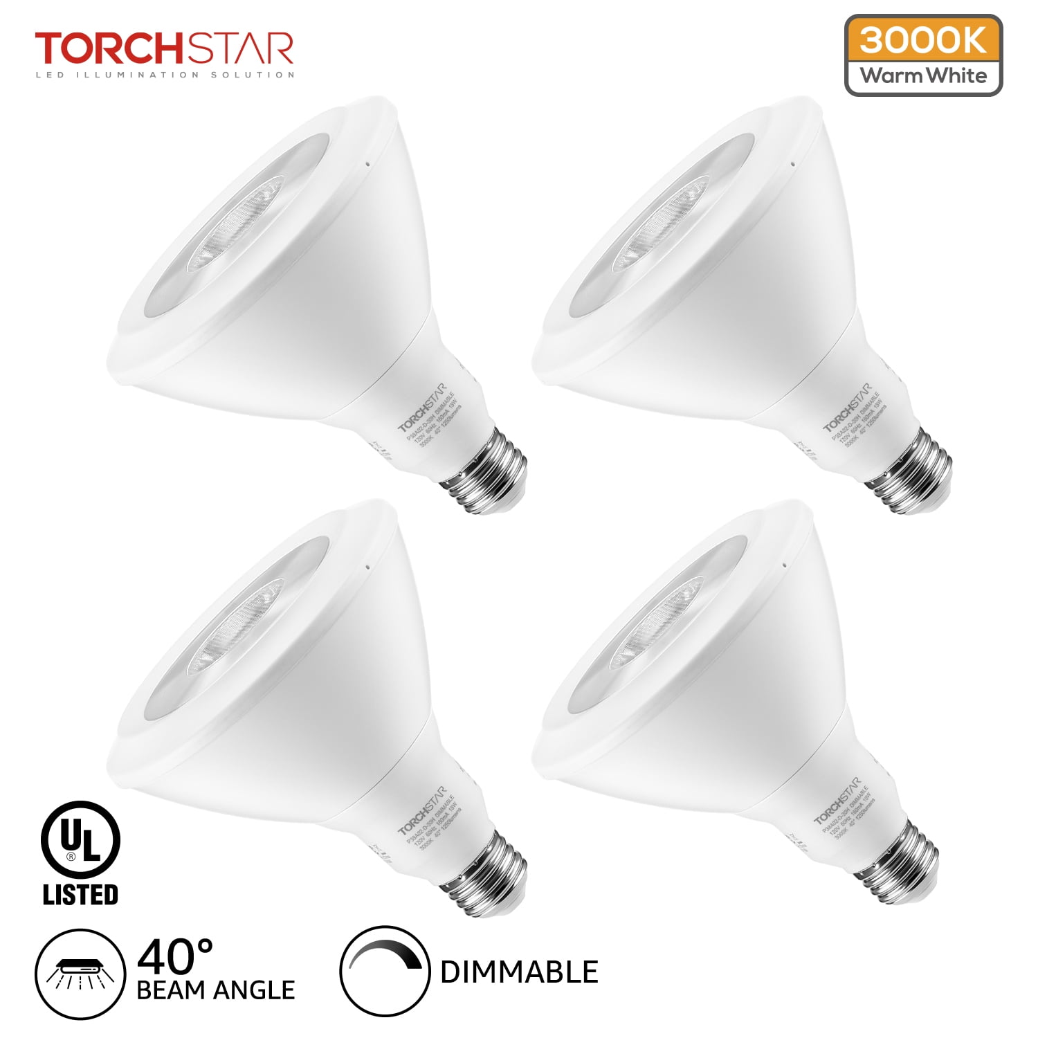 TORCHSTAR PAR38 LED Light Bulbs, Dimmable 18 Watts(100W Equivalent), E26 Base, UL-Listed, 3000K Warm White, Pack of 4