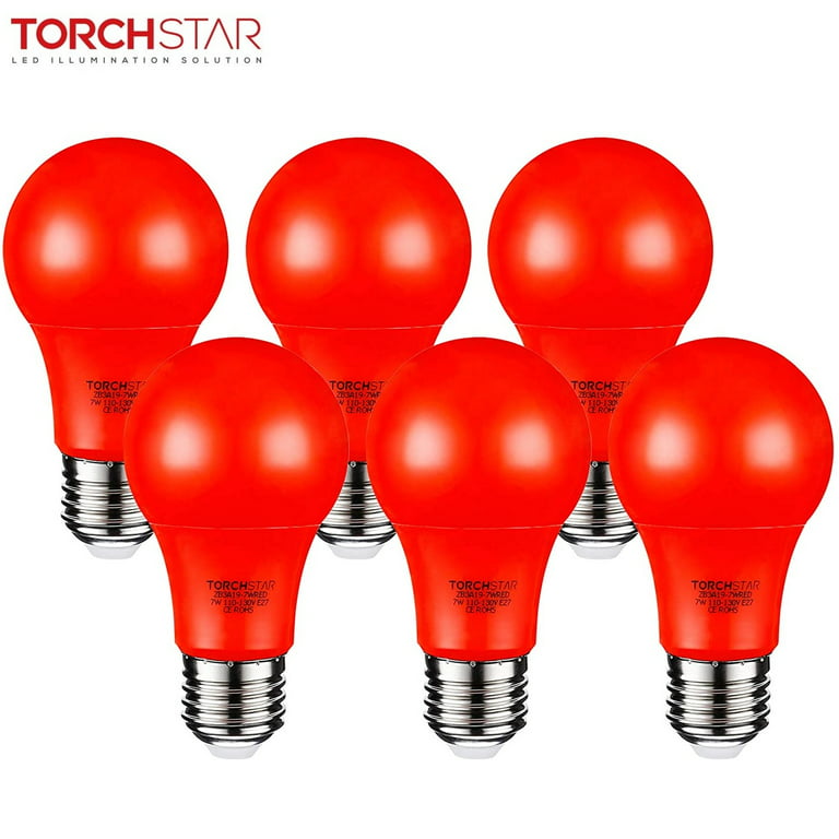 TORCHSTAR Red LED A19 Colored Light Bulb, 7W, Medium E27 Base, Bedroom,  Living Room, Baby’s Room Night Lights, Pack of 6