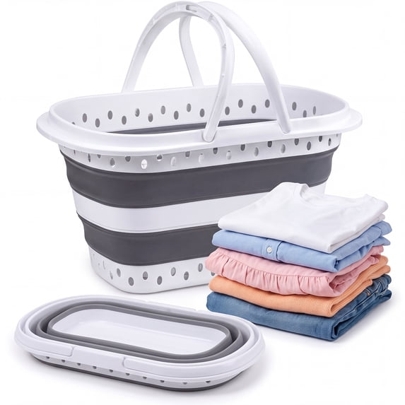 Collapsible Laundry Basket, 42L Foldable Pop Up Laundry Hamper with Handles, Plastic Dirty Clothes Storage Organizer for Bathroom Bedroom Dorm, Grey